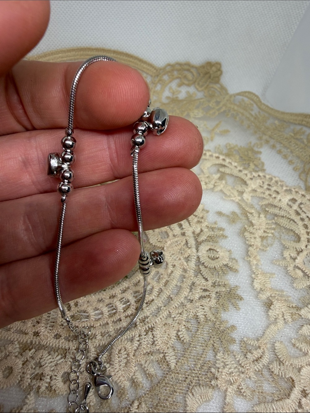 18K Gold Filled Estate Adjustable Bolo Anklet Silver Colored Bell Charms - Picture 2 of 5